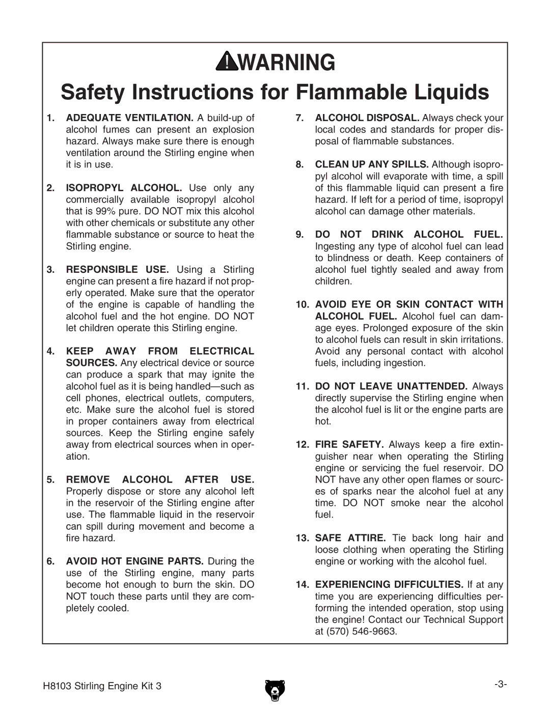 Grizzly H8103 owner manual Safety Instructions for Flammable Liquids 