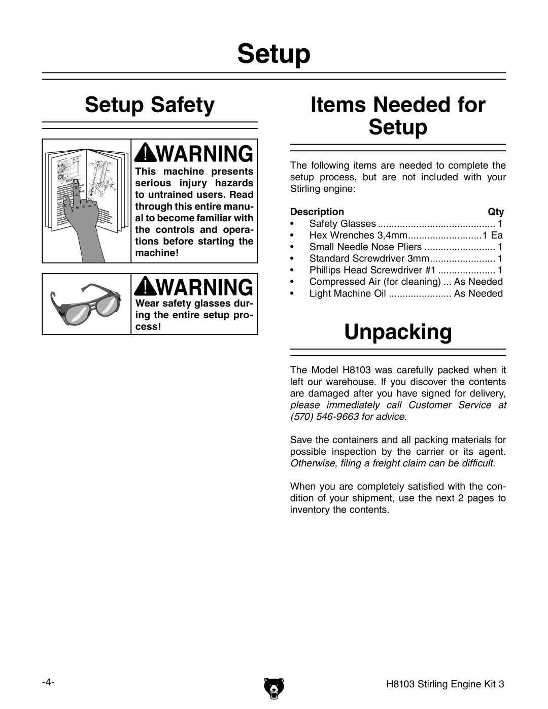 Grizzly H8103 owner manual Setup Safety, Items Needed for Setup, Unpacking 