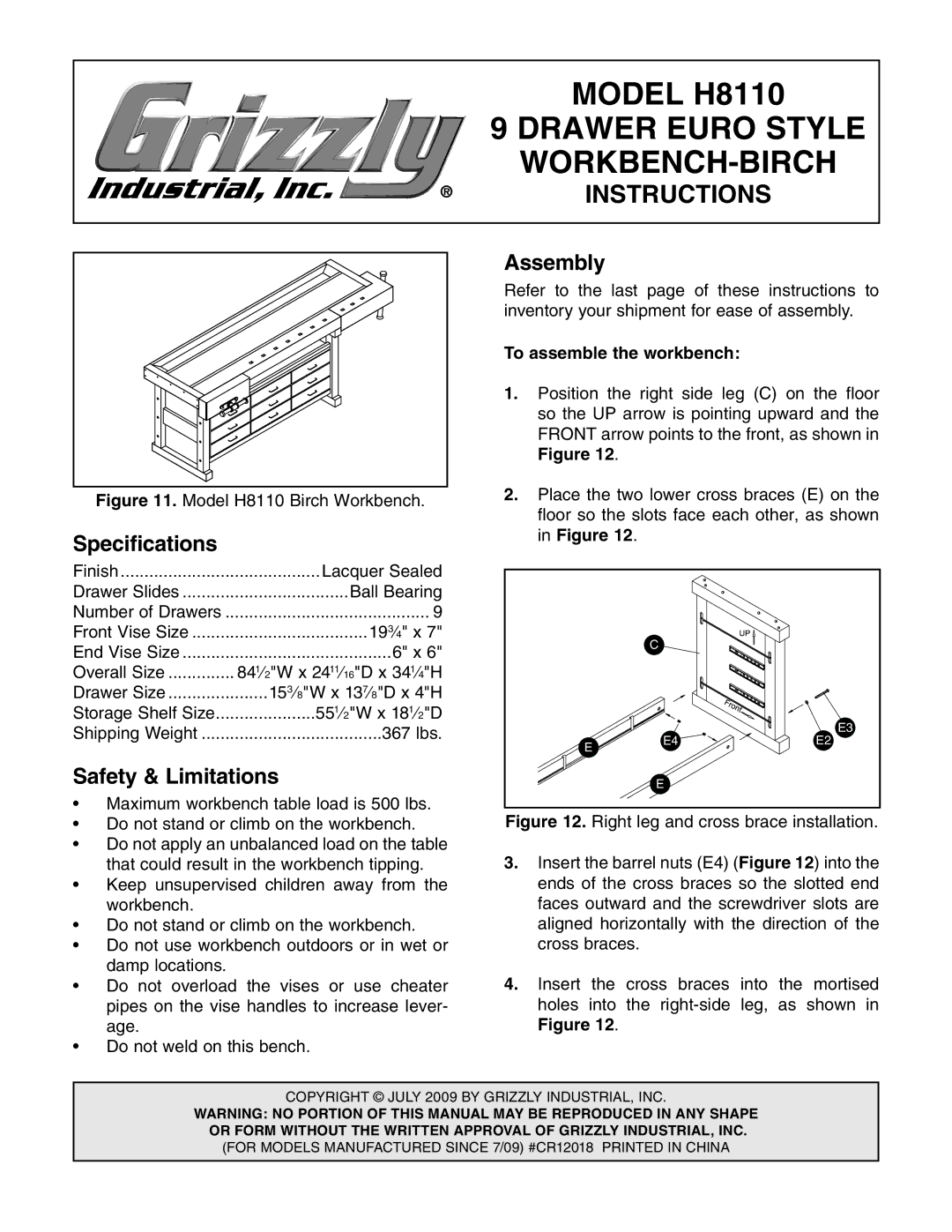 Grizzly specifications Model H8110 