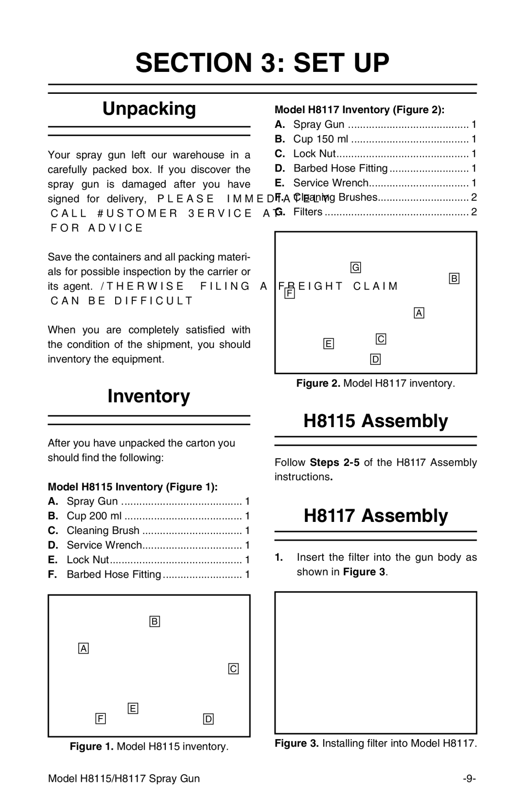 Grizzly owner manual Set Up, Unpacking, Inventory, H8115 Assembly, H8117 Assembly 