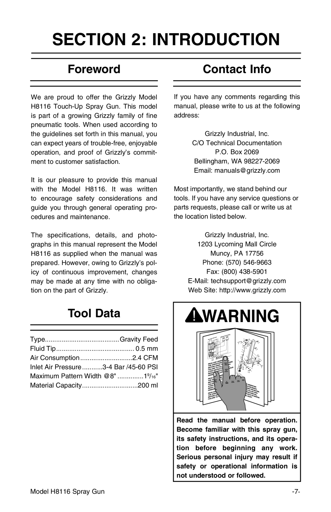 Grizzly H8116 owner manual Introduction, Foreword Contact Info, Tool Data 