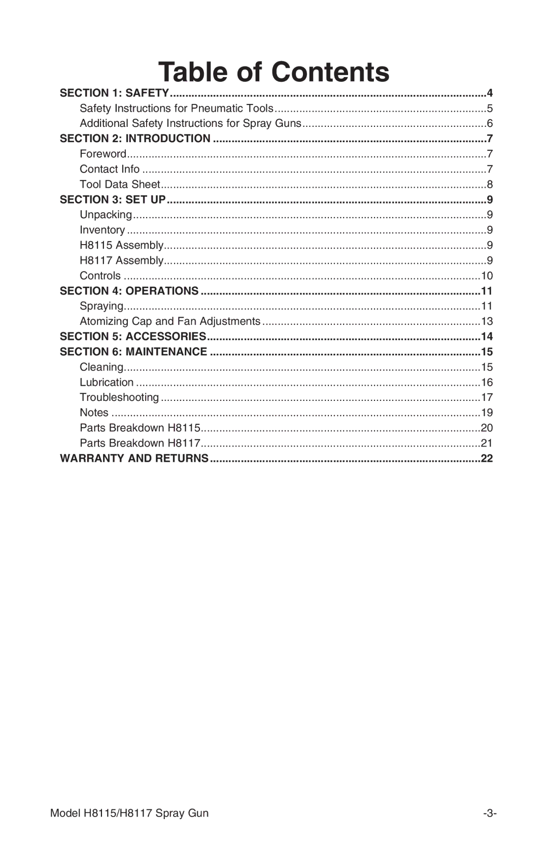 Grizzly H8117 owner manual Table of Contents 