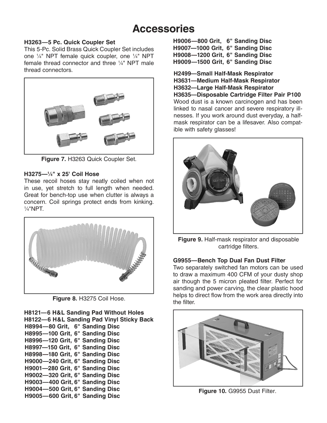 Grizzly H8120 Accessories, H3263-5 Pc. Quick Coupler Set, H3275-1⁄4 x 25 Coil Hose, G9955-Bench Top Dual Fan Dust Filter 