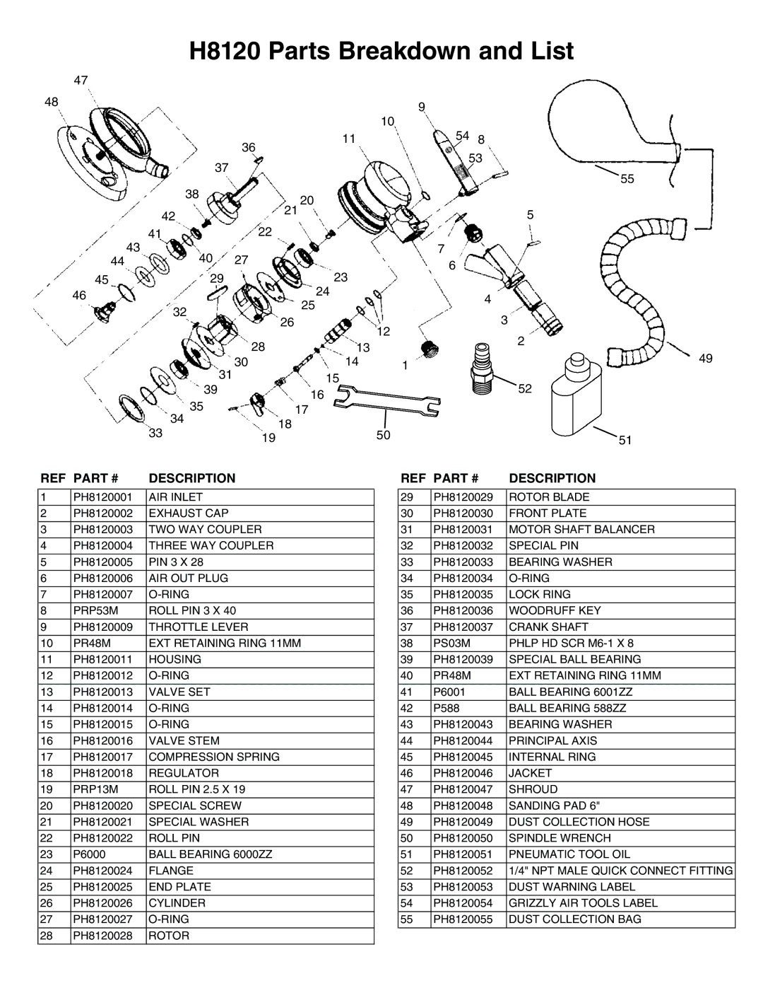 Grizzly instruction sheet H8120 Parts Breakdown and List, Description 