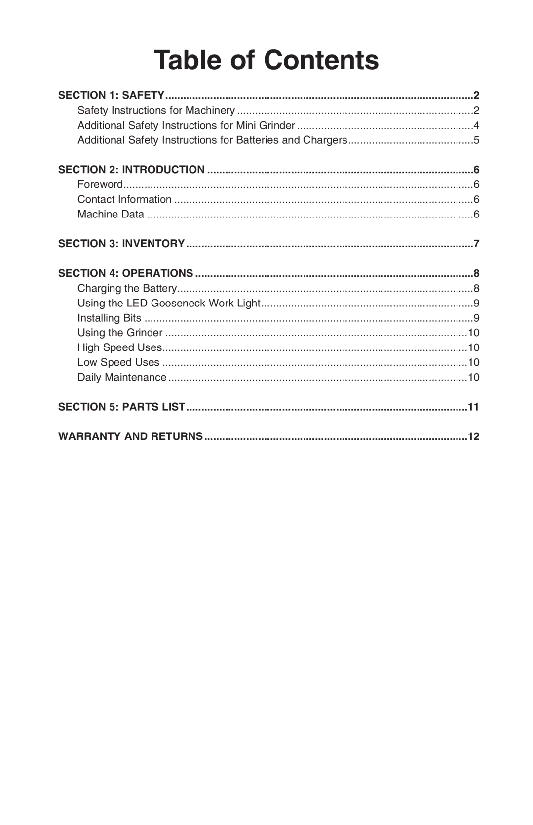 Grizzly H8124 instruction manual Table of Contents 