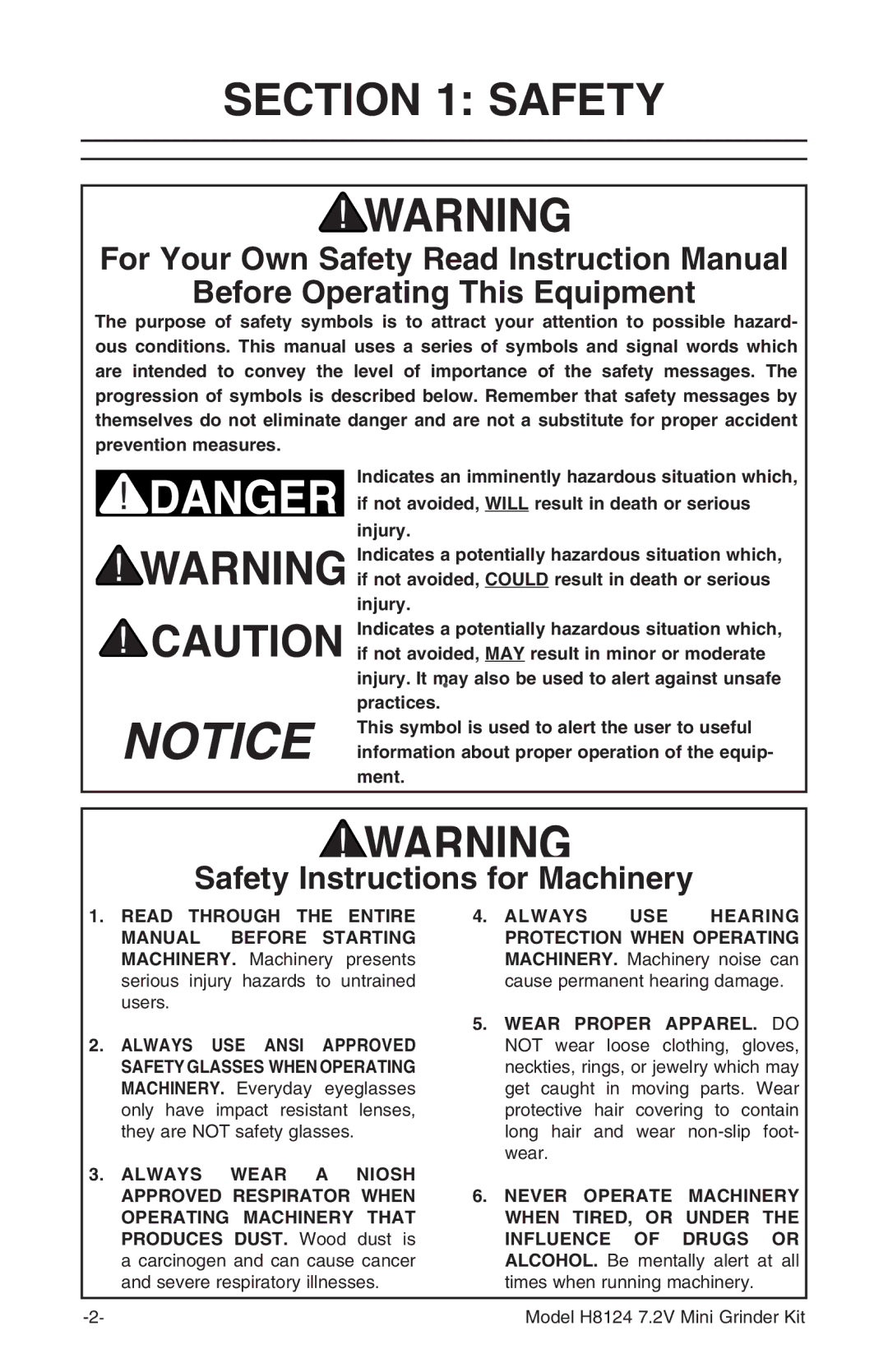 Grizzly H8124 instruction manual Before Operating This Equipment, Safety Instructions for Machinery 