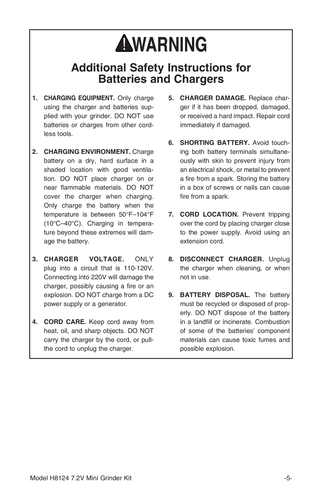 Grizzly H8124 instruction manual Additional Safety Instructions for Batteries and Chargers 