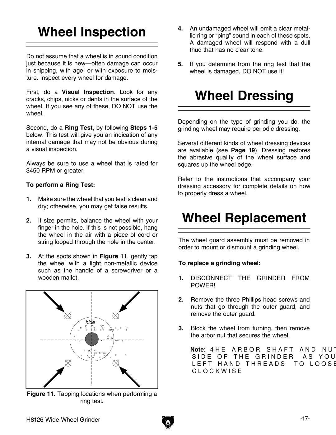 Grizzly H8126 Wheel Inspection, Wheel Dressing, Wheel Replacement, To perform a Ring Test, To replace a grinding wheel 