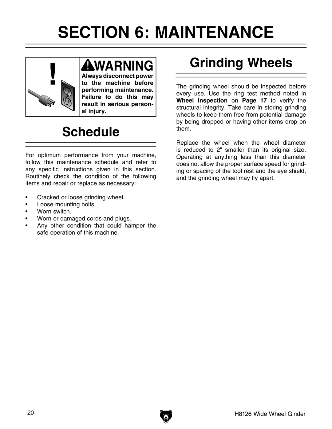 Grizzly H8126 owner manual Maintenance, Schedule, Grinding Wheels 