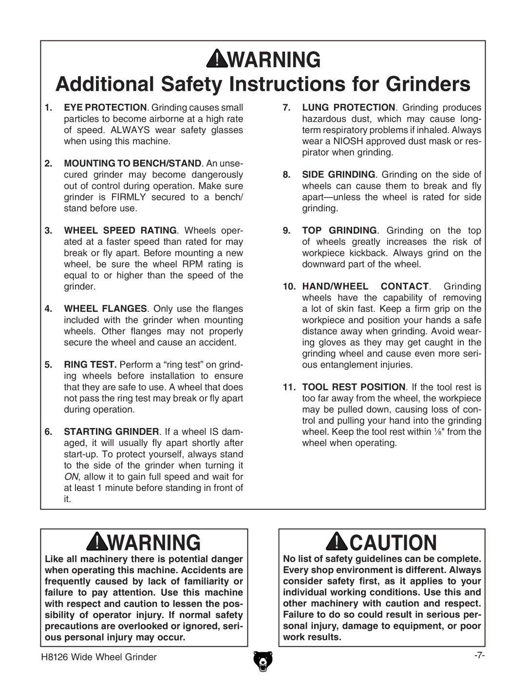 Grizzly H8126 owner manual Additional Safety Instructions for Grinders 