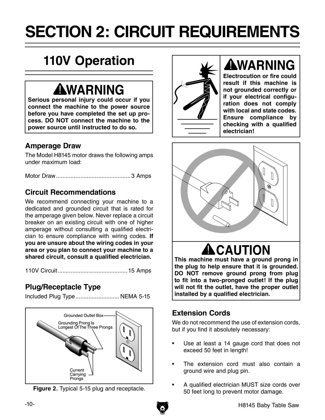 Grizzly H8145 owner manual Circuit Requirements, 110V Operation 