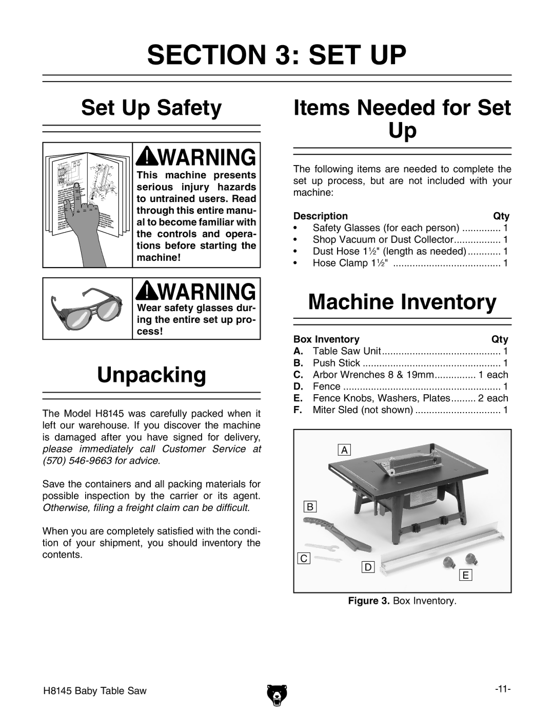 Grizzly H8145 owner manual Set Up Safety, Unpacking, Items Needed for Set, Machine Inventory 