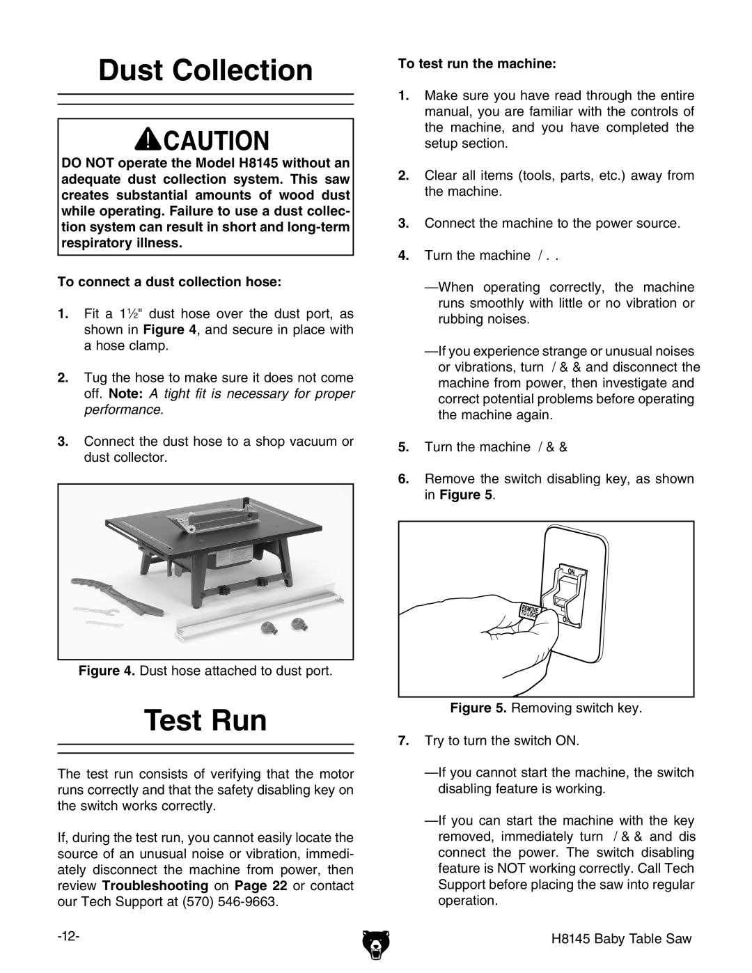 Grizzly H8145 owner manual Dust Collection, Test Run, To test run the machine 