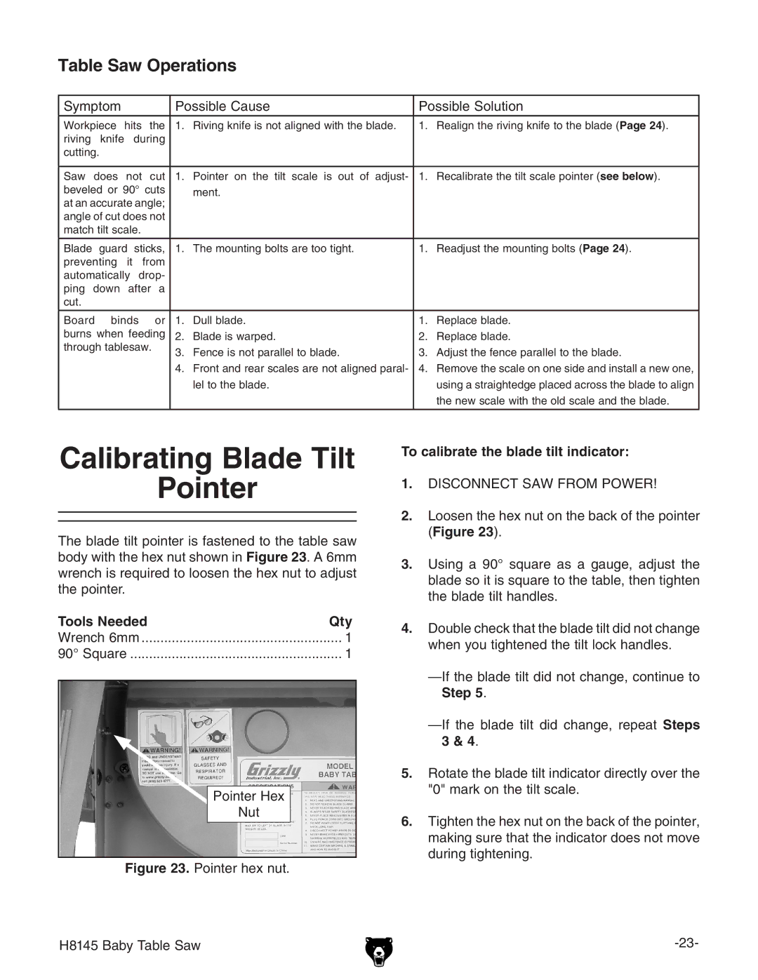 Grizzly H8145 owner manual Calibrating Blade Tilt Pointer, Table Saw Operations, To calibrate the blade tilt indicator 