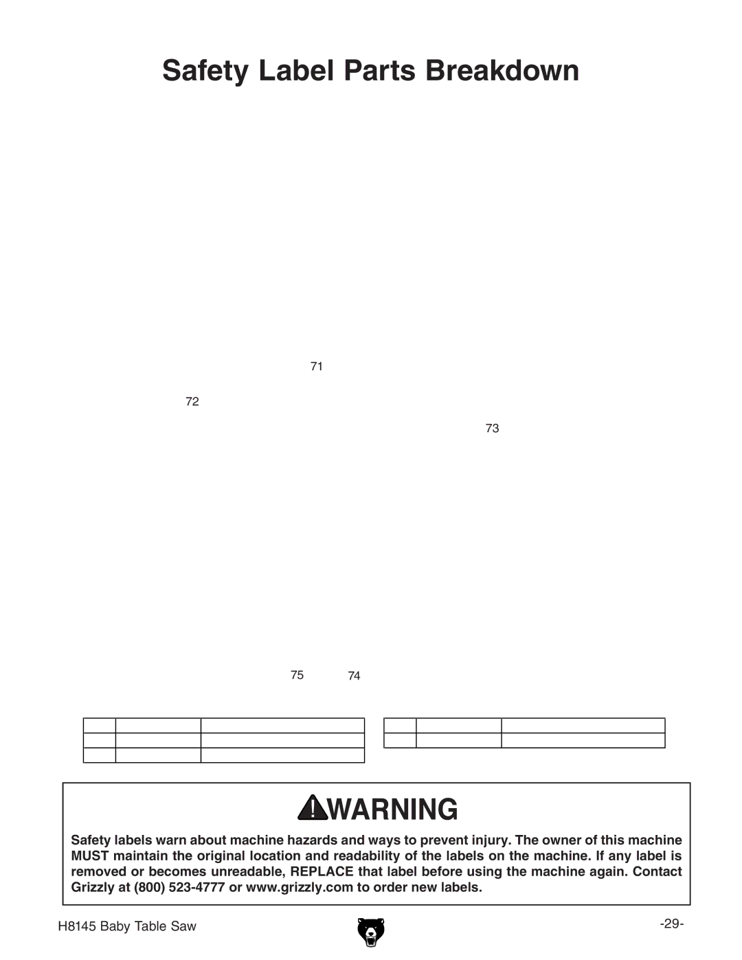 Grizzly H8145 owner manual Safety Label Parts Breakdown 