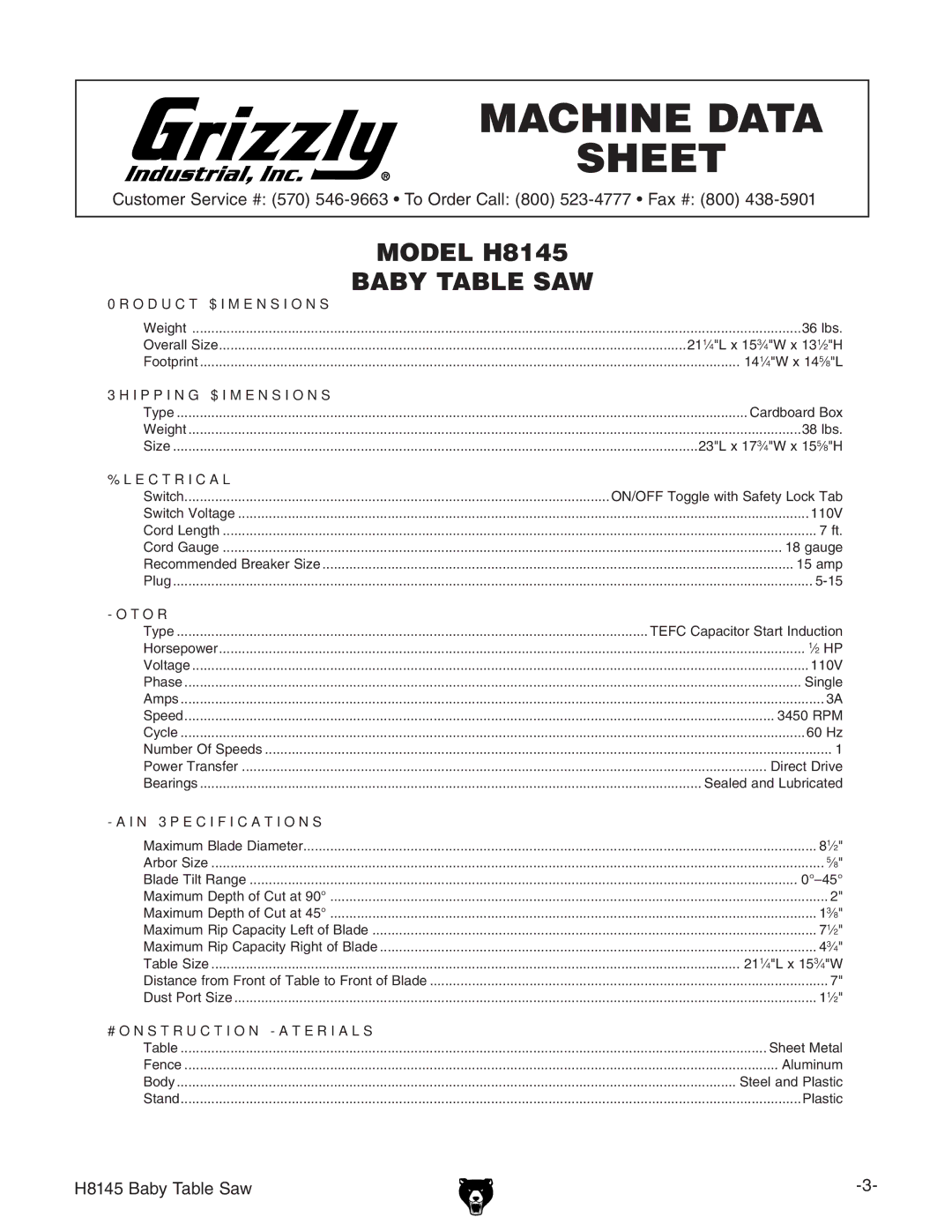 Grizzly H8145 owner manual Machine Data Sheet 