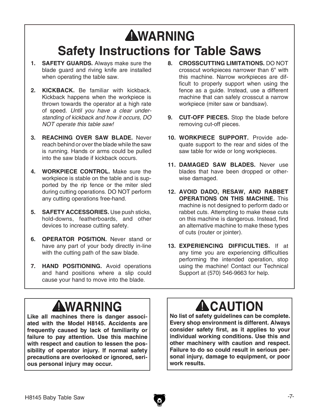 Grizzly H8145 owner manual Safety Instructions for Table Saws 