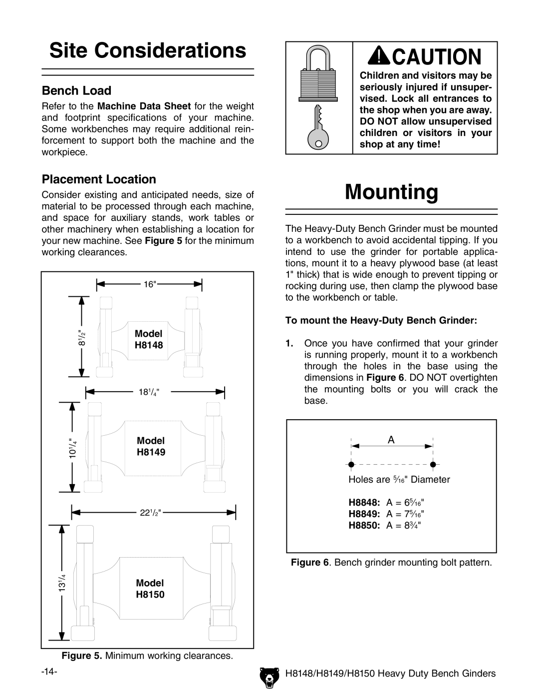 Grizzly H8149, H8150, H8148 owner manual Site Considerations, Mounting 