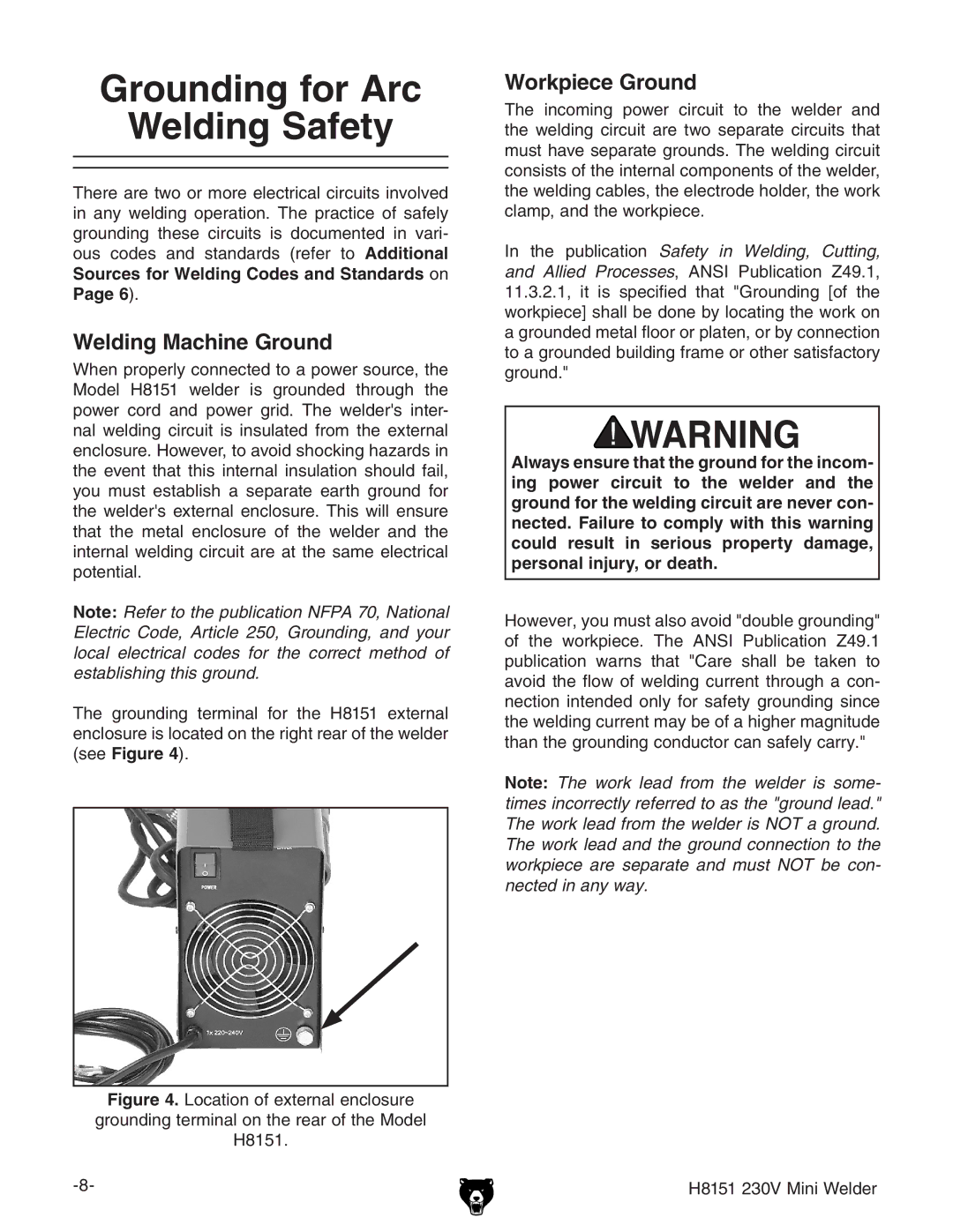 Grizzly H8151, 230V owner manual Grounding for Arc Welding Safety, Welding Machine Ground 