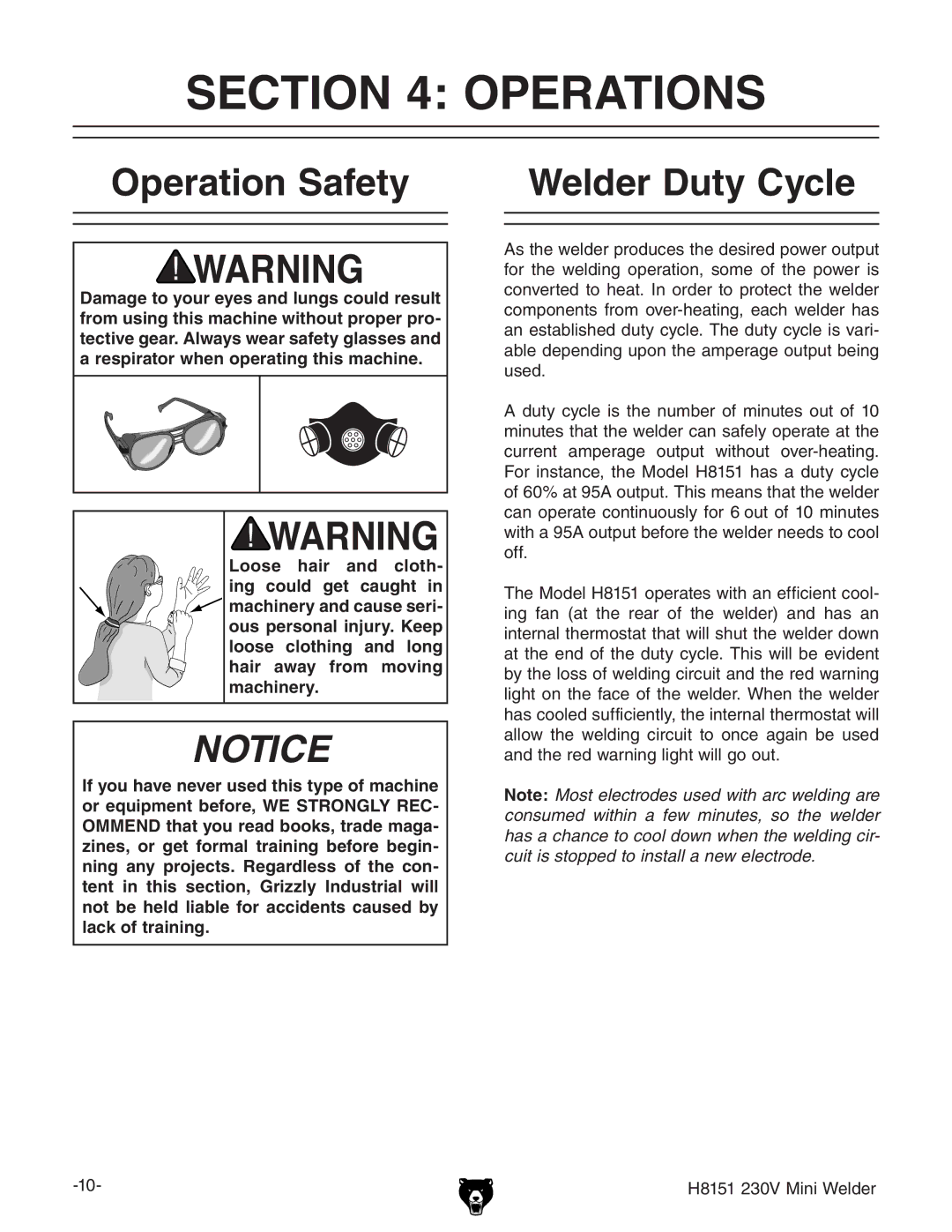 Grizzly H8151, 230V owner manual Operations, Operation Safety Welder Duty Cycle 