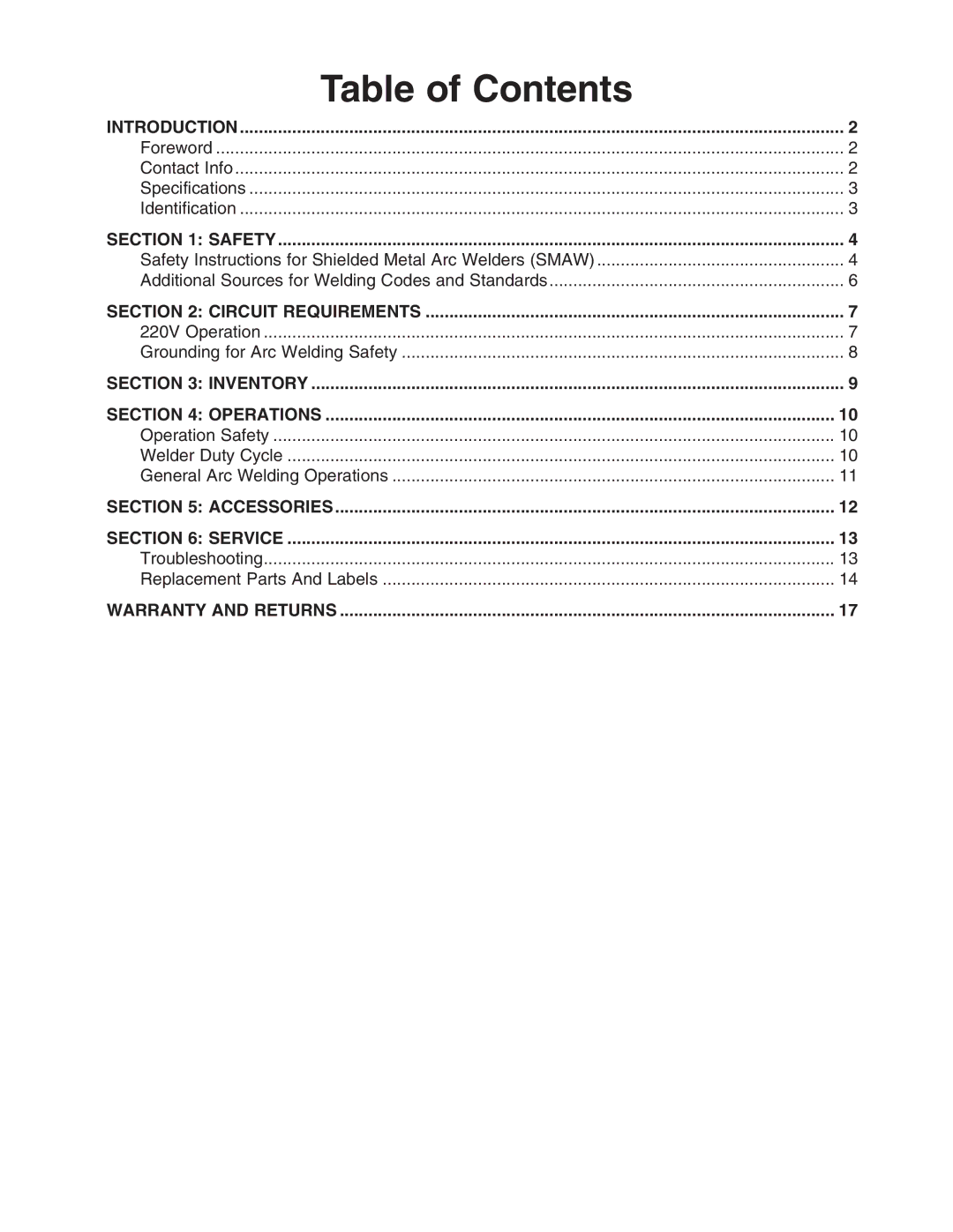 Grizzly 230V, H8151 owner manual Table of Contents 