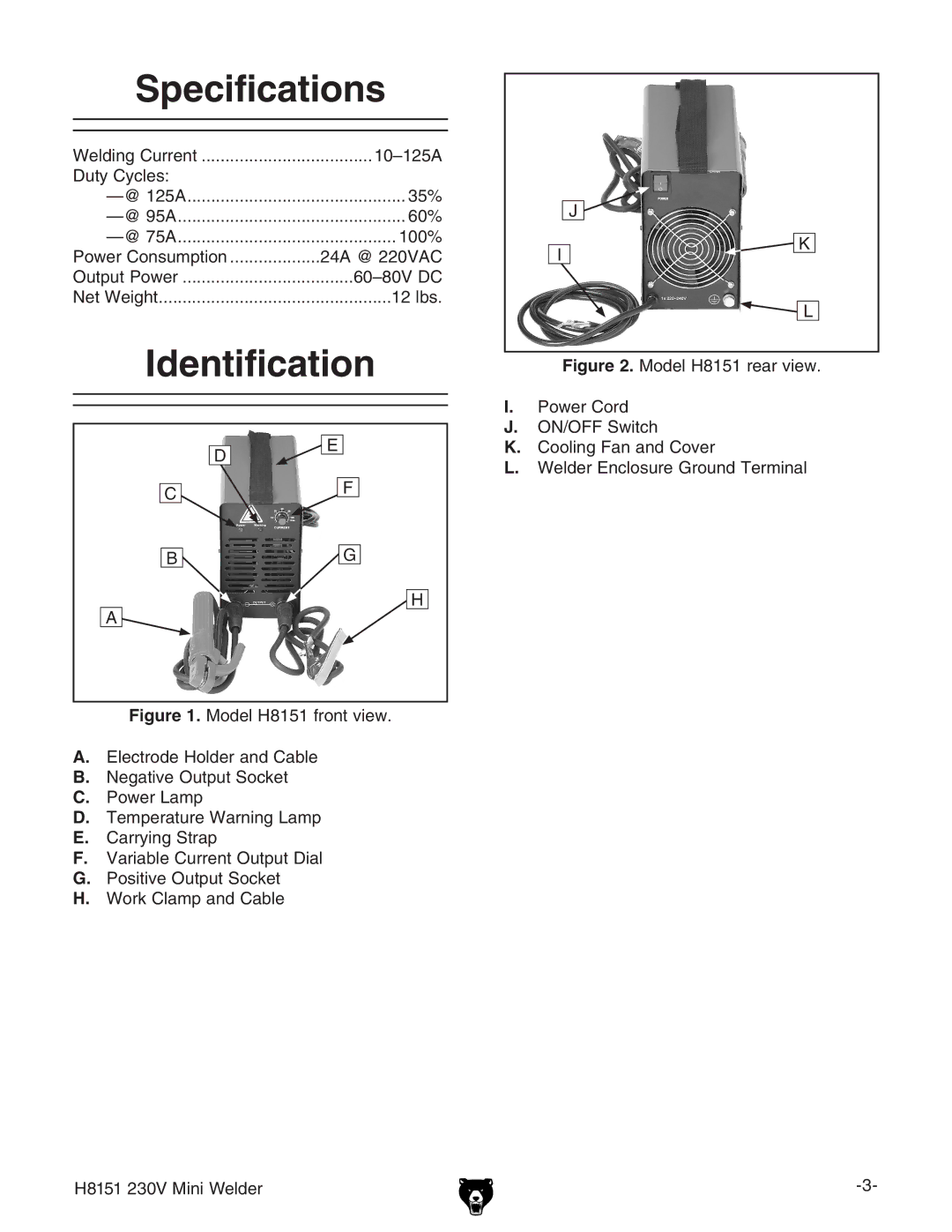 Grizzly 230V, H8151 owner manual Specifications, Identification 