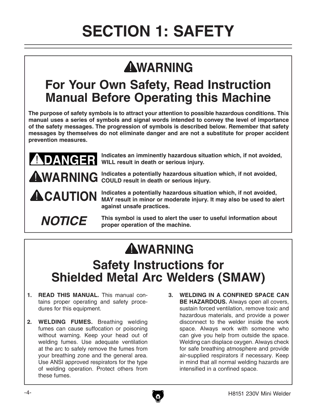 Grizzly H8151, 230V owner manual Safety Instructions for Shielded Metal Arc Welders Smaw 