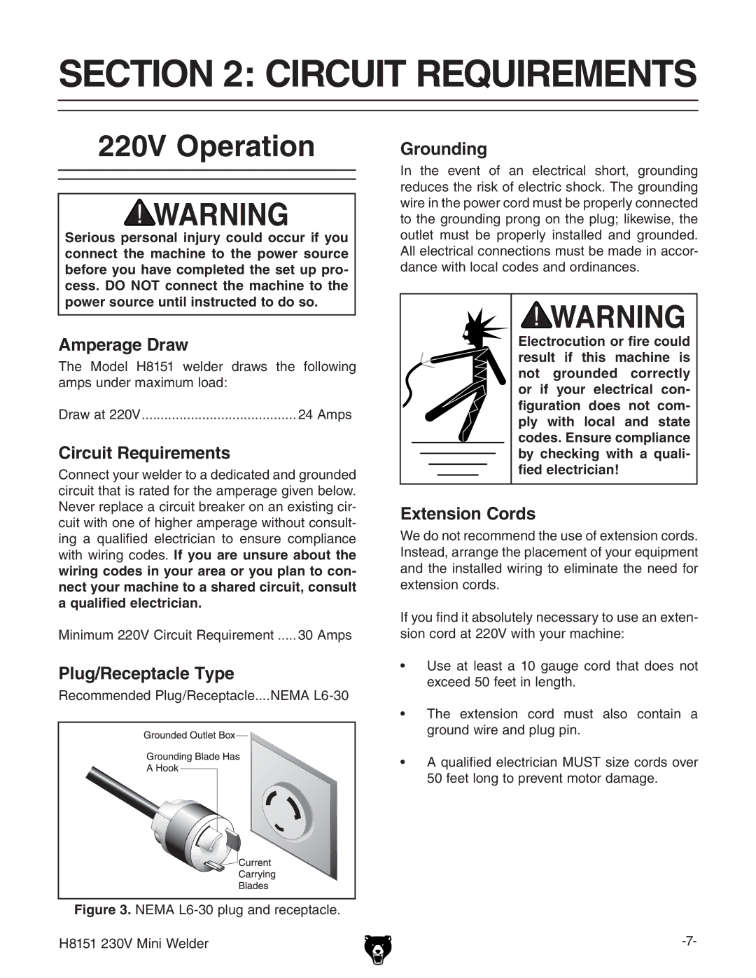 Grizzly 230V, H8151 owner manual Circuit Requirements, 220V Operation 