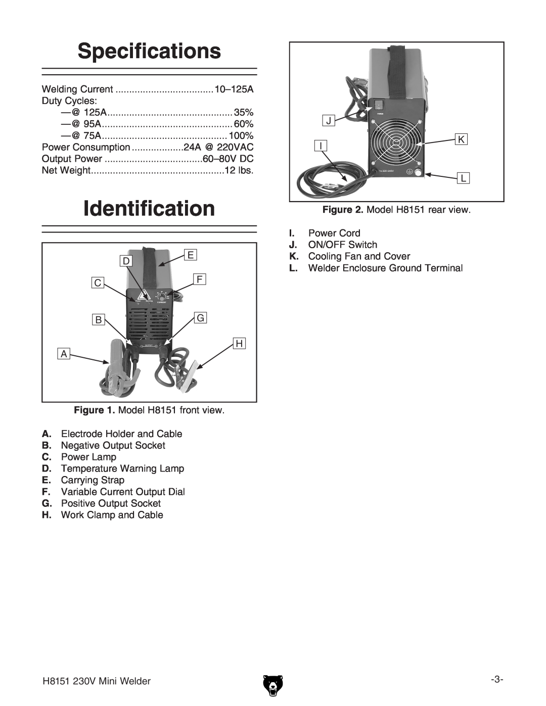 Grizzly 230V, H8151 owner manual Specifications, Identification, Welding Current, Output Power, Net Weight 