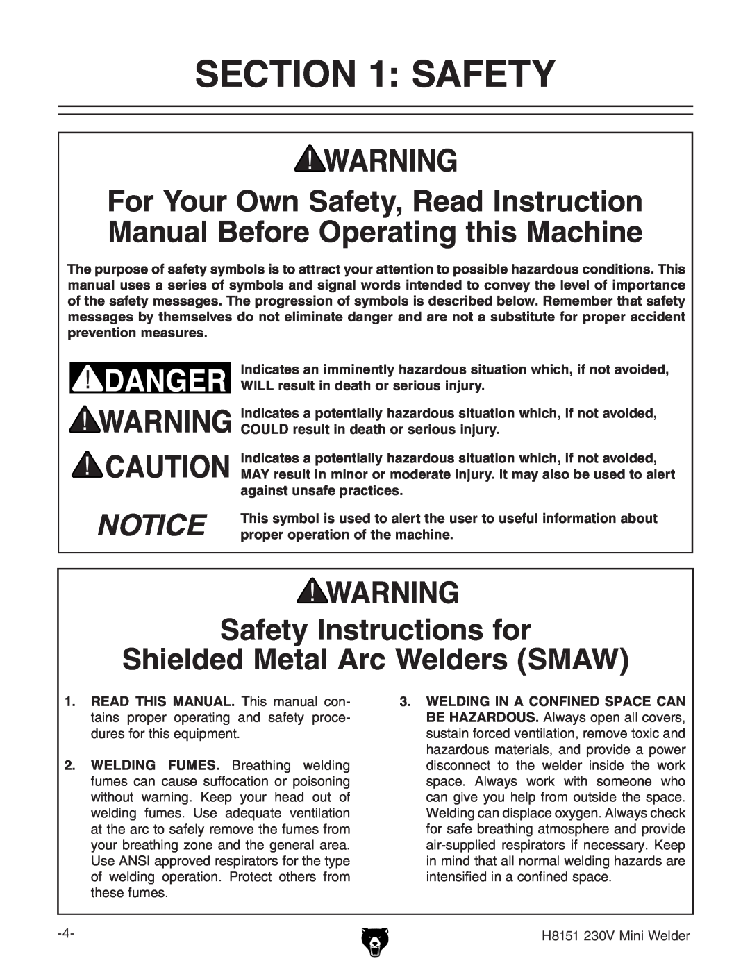 Grizzly H8151, 230V owner manual Safety Instructions for Shielded Metal Arc Welders SMAW 
