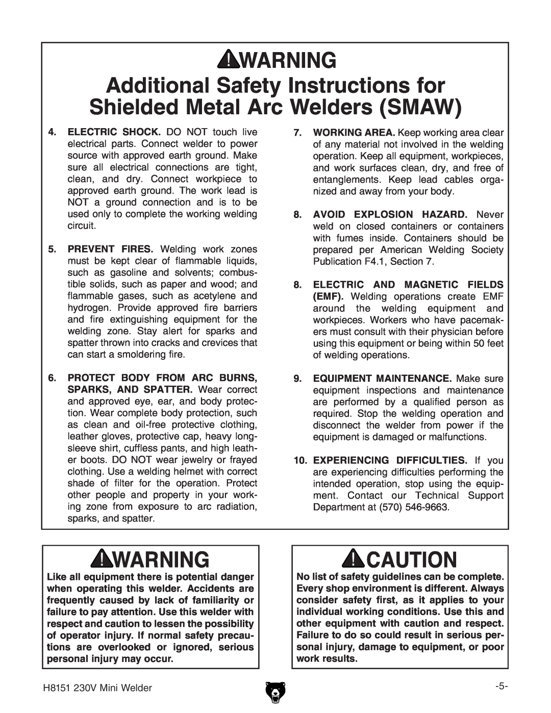 Grizzly 230V, H8151 owner manual Additional Safety Instructions for Shielded Metal Arc Welders SMAW 