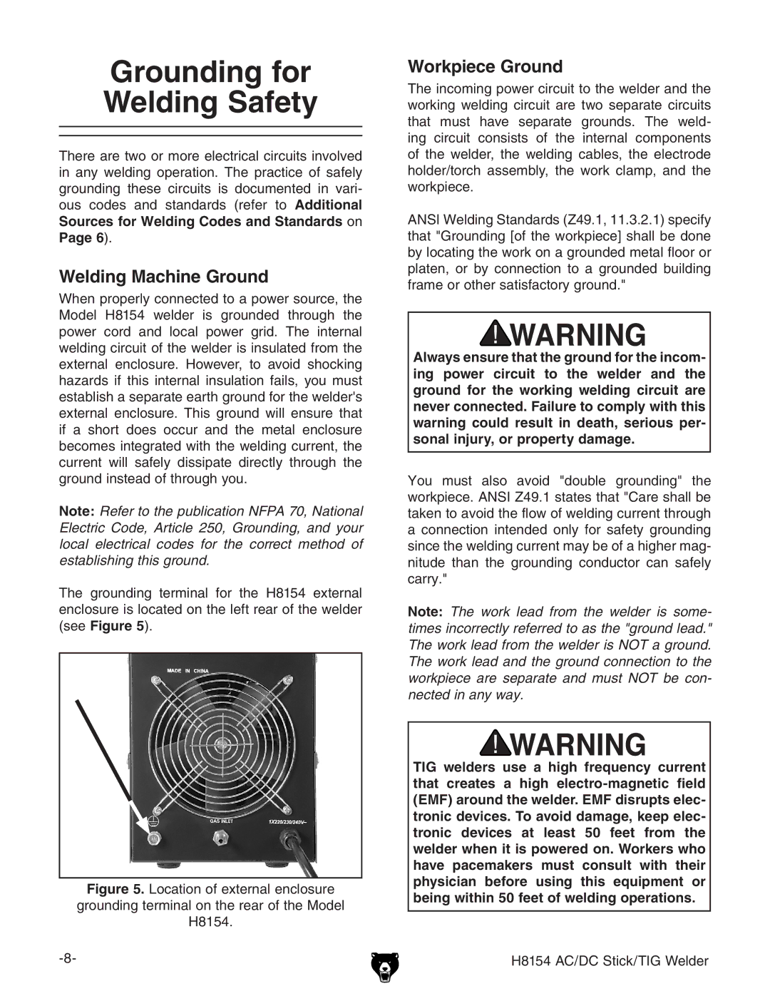 Grizzly H8154 owner manual Grounding for Welding Safety, Welding Machine Ground 