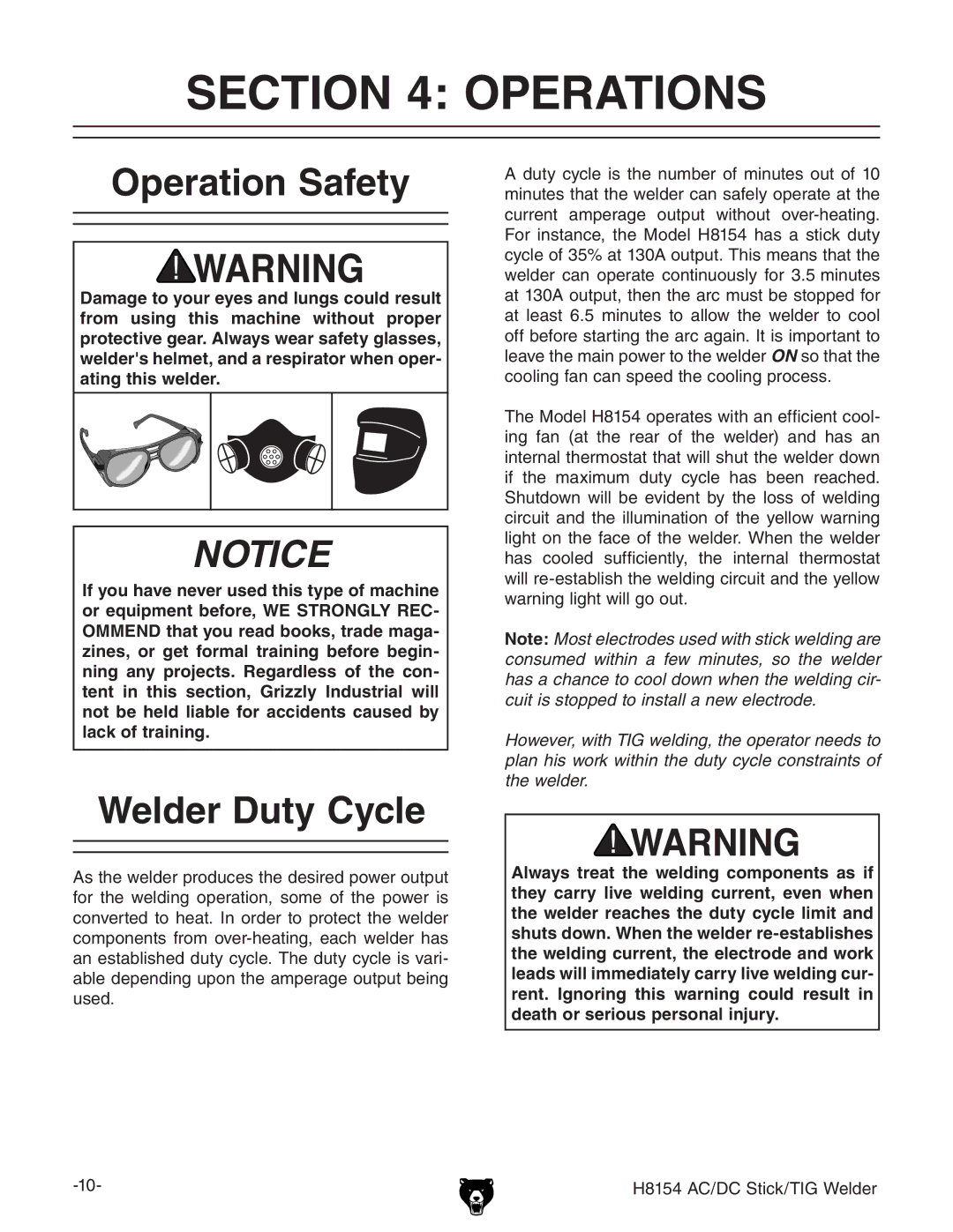 Grizzly H8154 owner manual Operations, Operation Safety, Welder Duty Cycle 