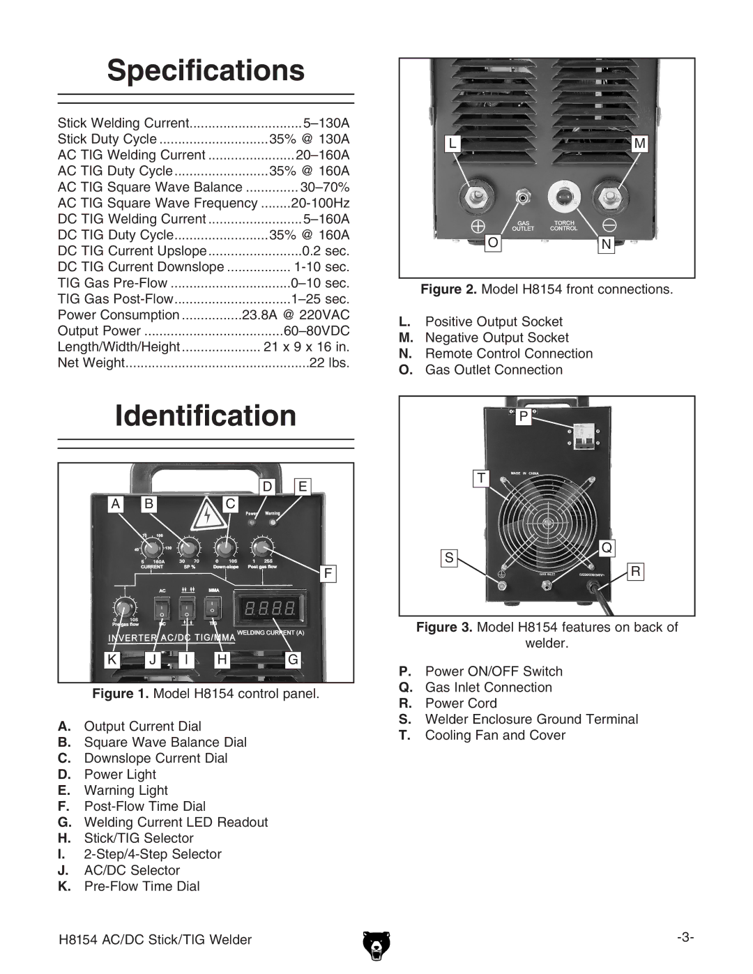 Grizzly H8154 owner manual Specifications, Identification 