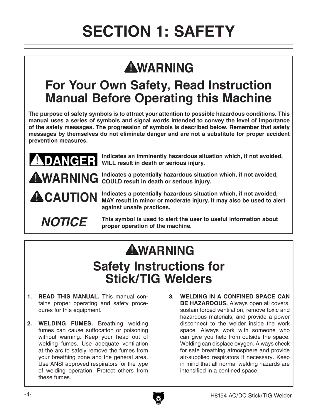 Grizzly H8154 owner manual Safety Instructions for Stick/TIG Welders 