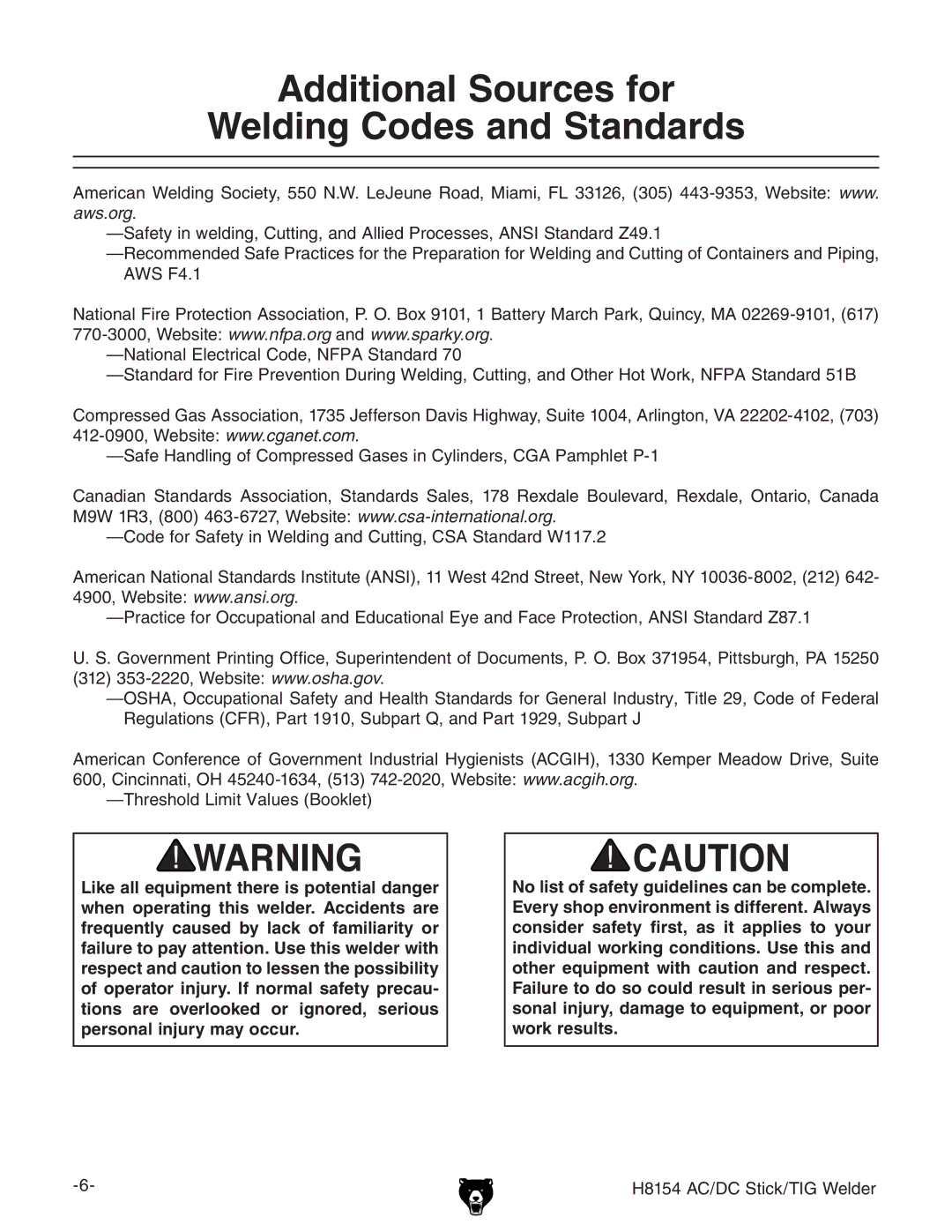 Grizzly H8154 owner manual Additional Sources for Welding Codes and Standards 