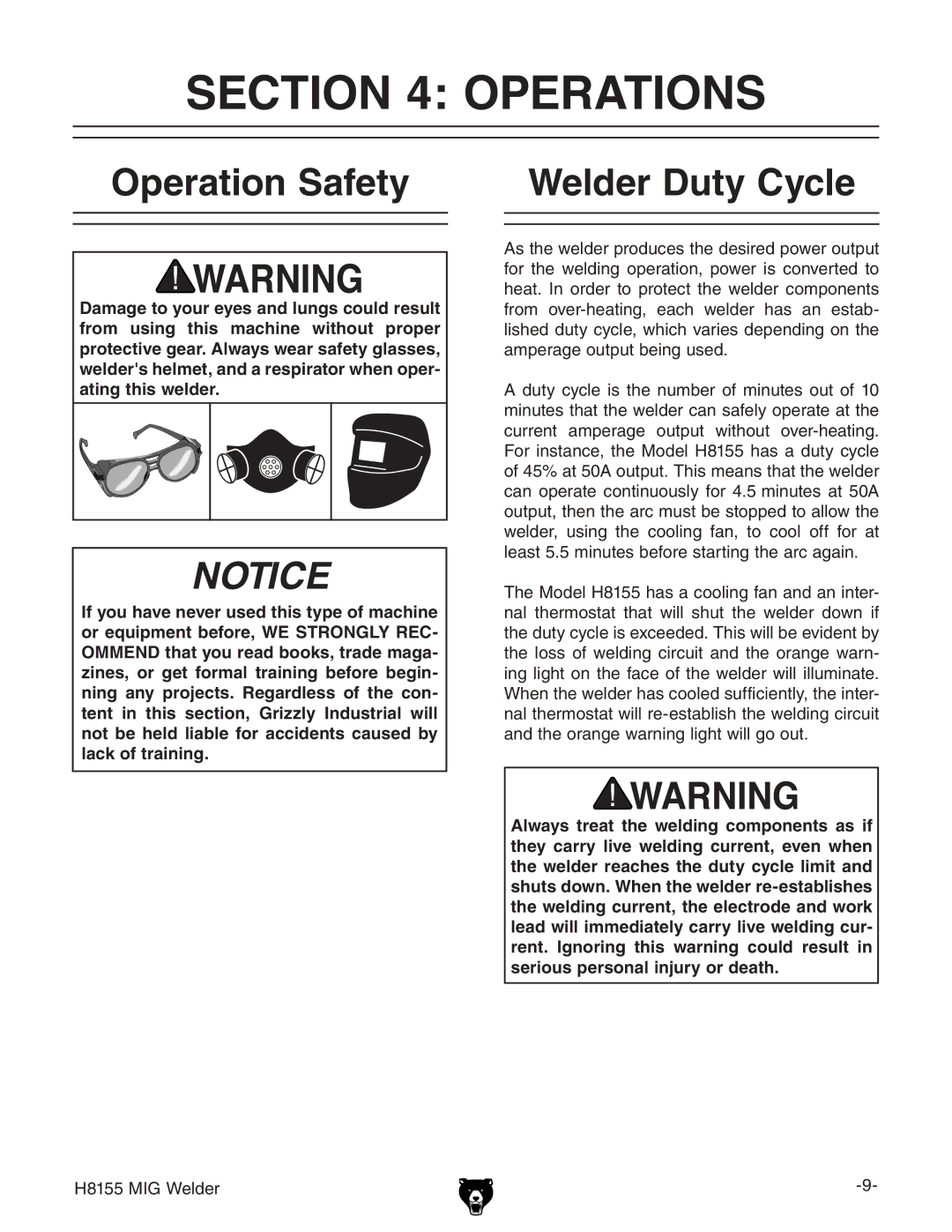 Grizzly H8155 owner manual Operations, Operation Safety Welder Duty Cycle 