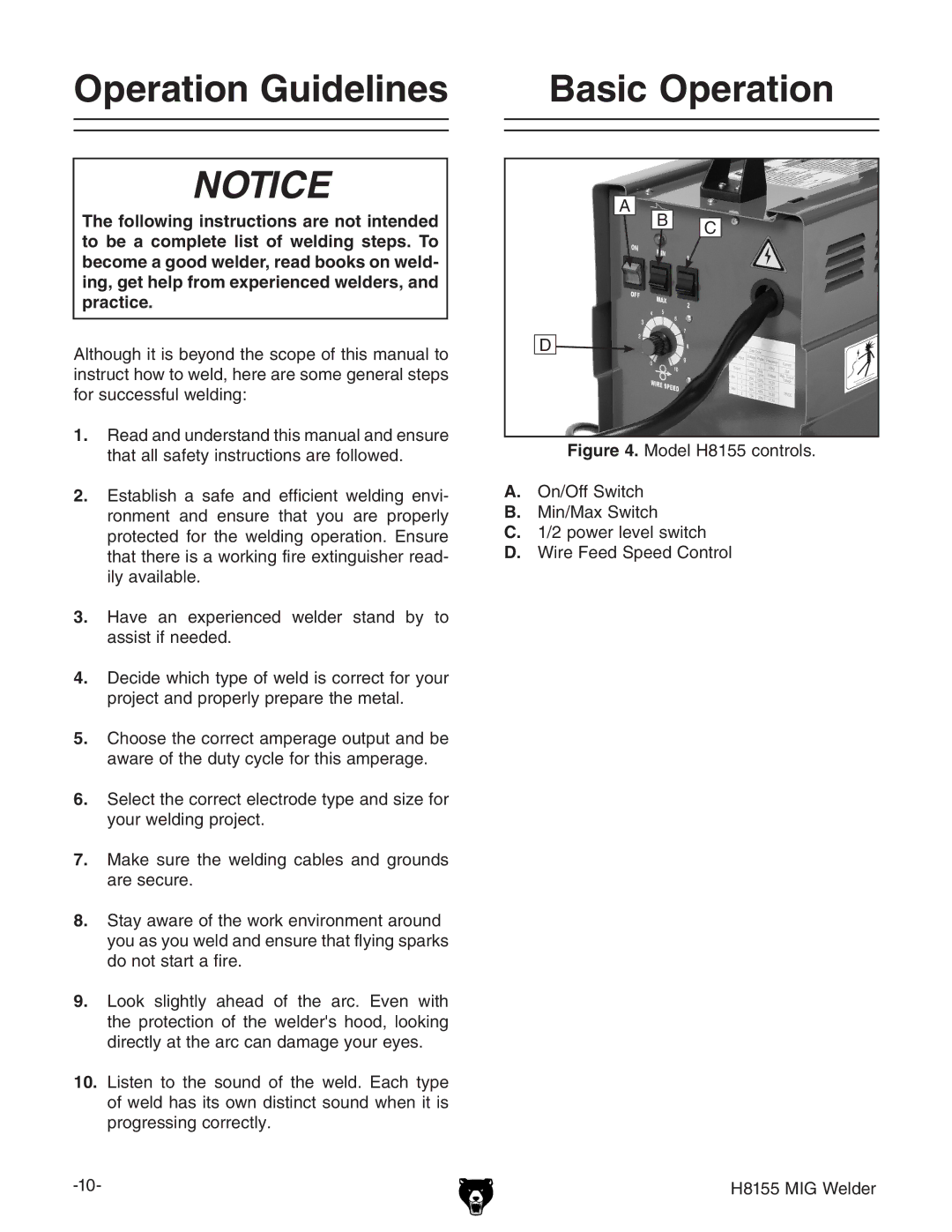 Grizzly H8155 owner manual Operation Guidelines, Basic Operation 