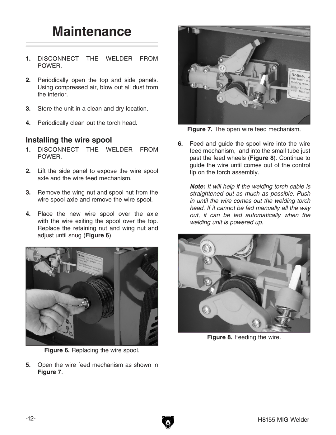 Grizzly H8155 owner manual Maintenance, Installing the wire spool 