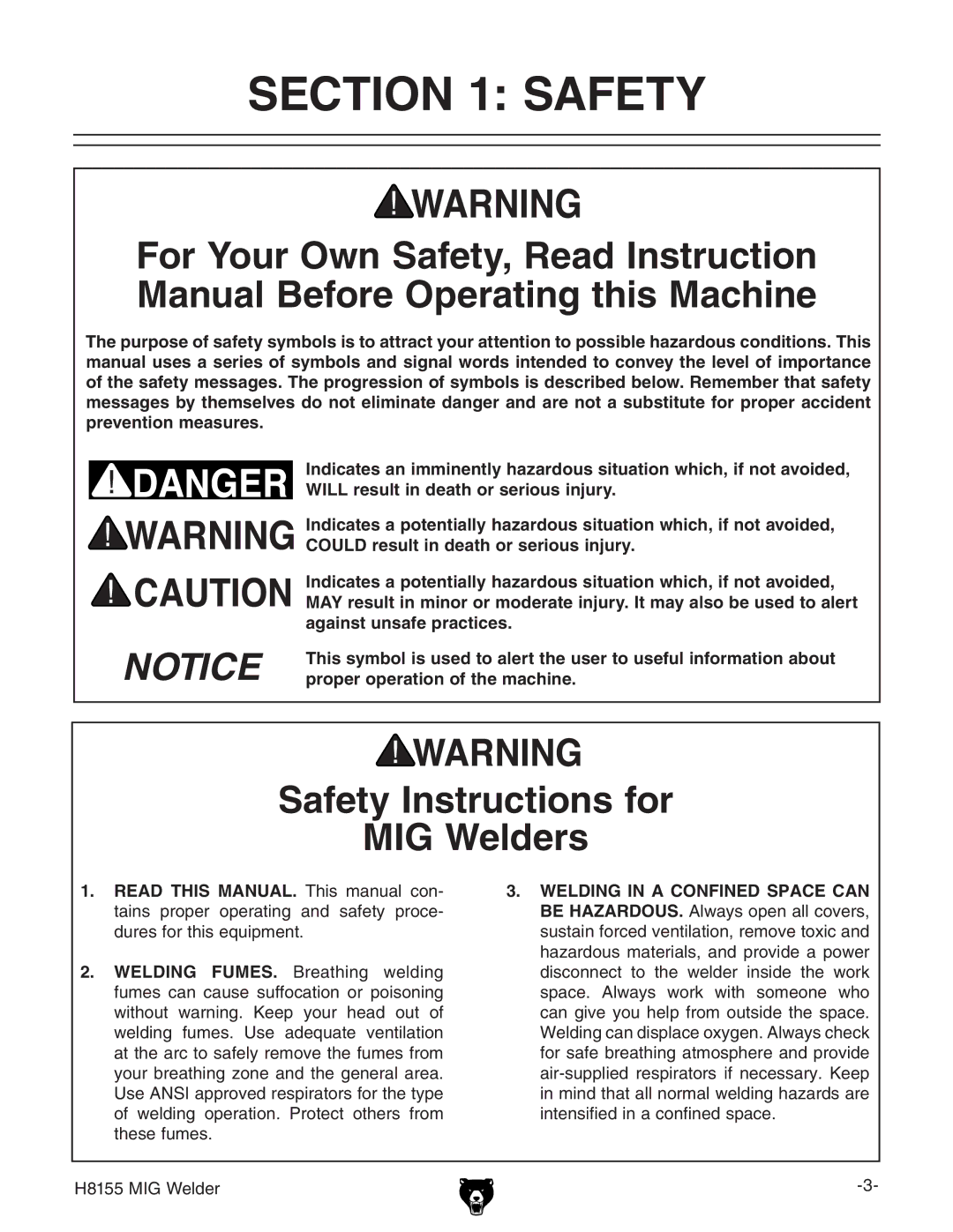 Grizzly H8155 owner manual Safety Instructions for MIG Welders 