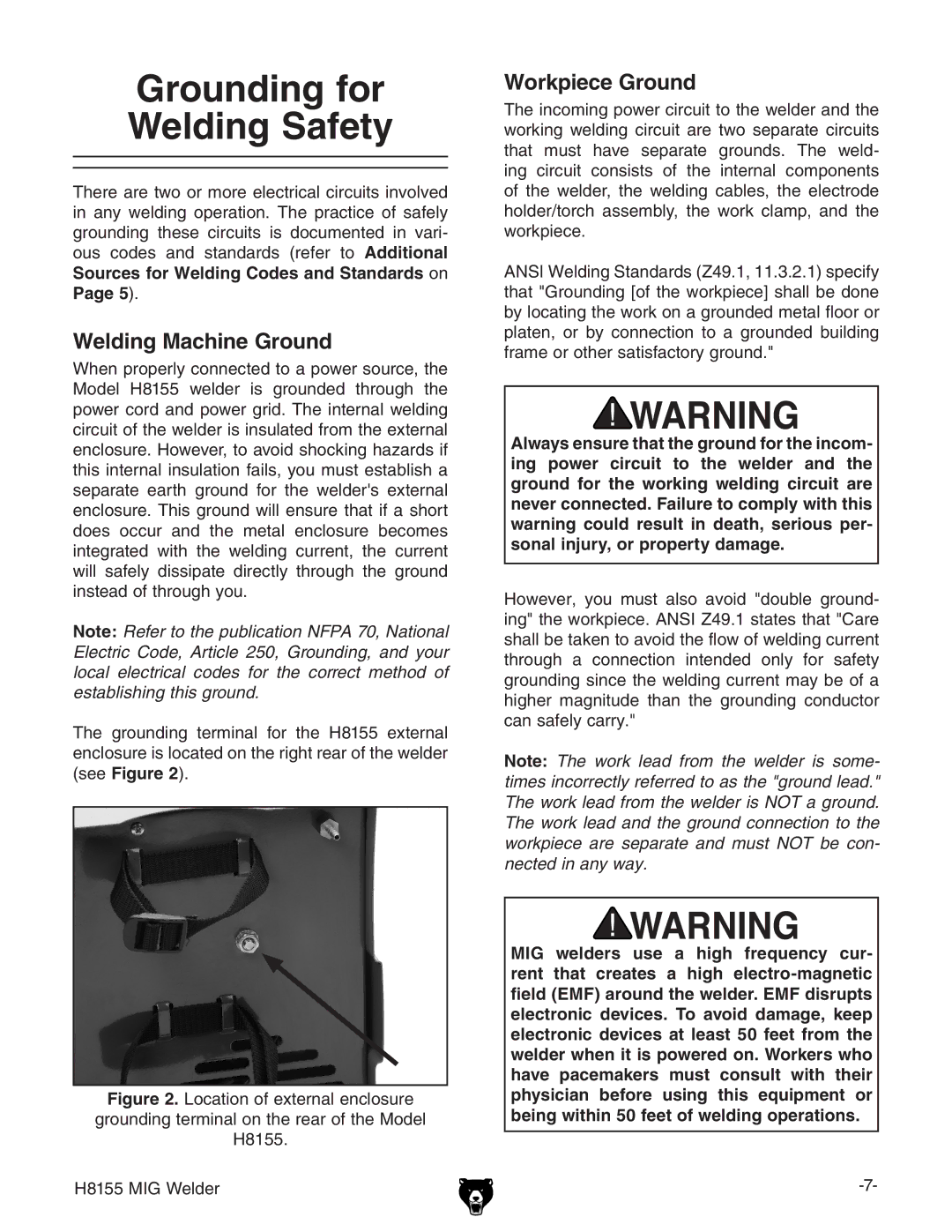 Grizzly H8155 owner manual Grounding for Welding Safety, Welding Machine Ground, Workpiece Ground 