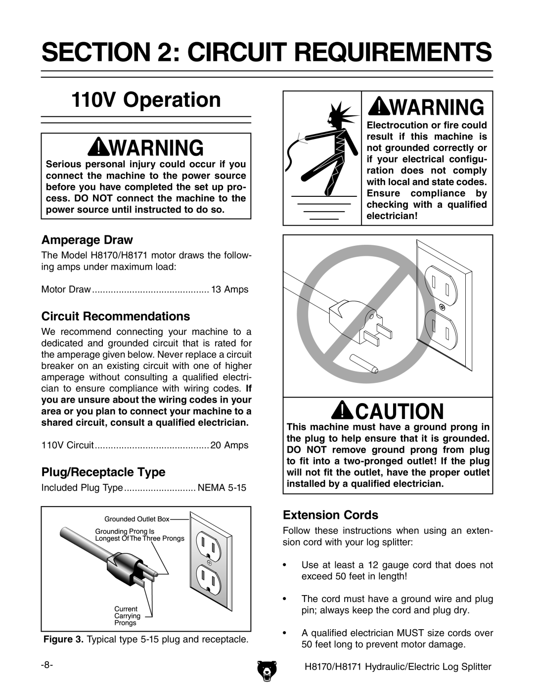 Grizzly H8170 owner manual Circuit Requirements, 110V Operation 