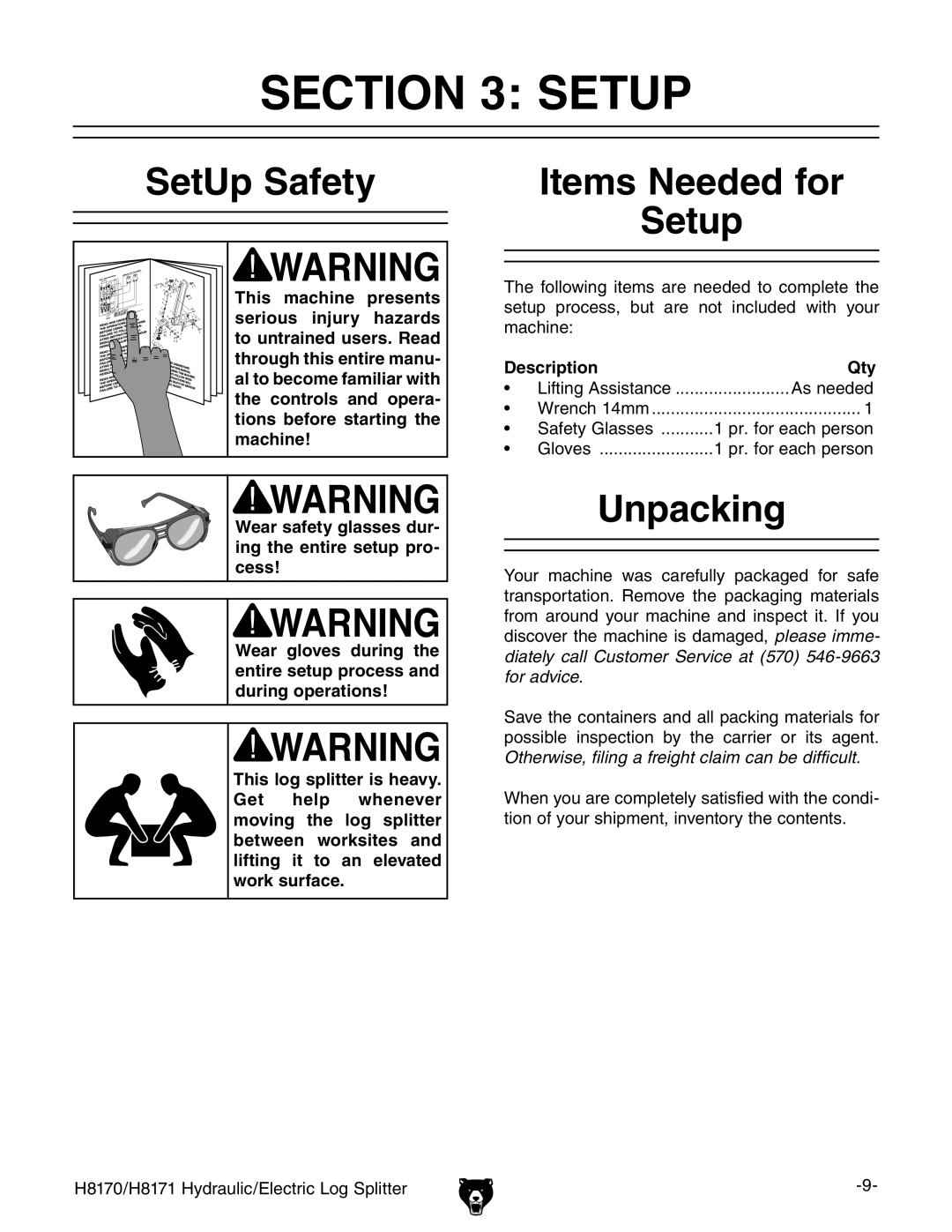 Grizzly H8170 owner manual SetUp Safety, Items Needed for Setup, Unpacking, Description Qty 