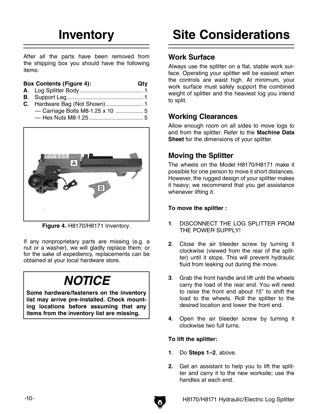 Grizzly H8170 Inventory, Site Considerations, Box Contents Figure Qty, To move the splitter, To lift the splitter 