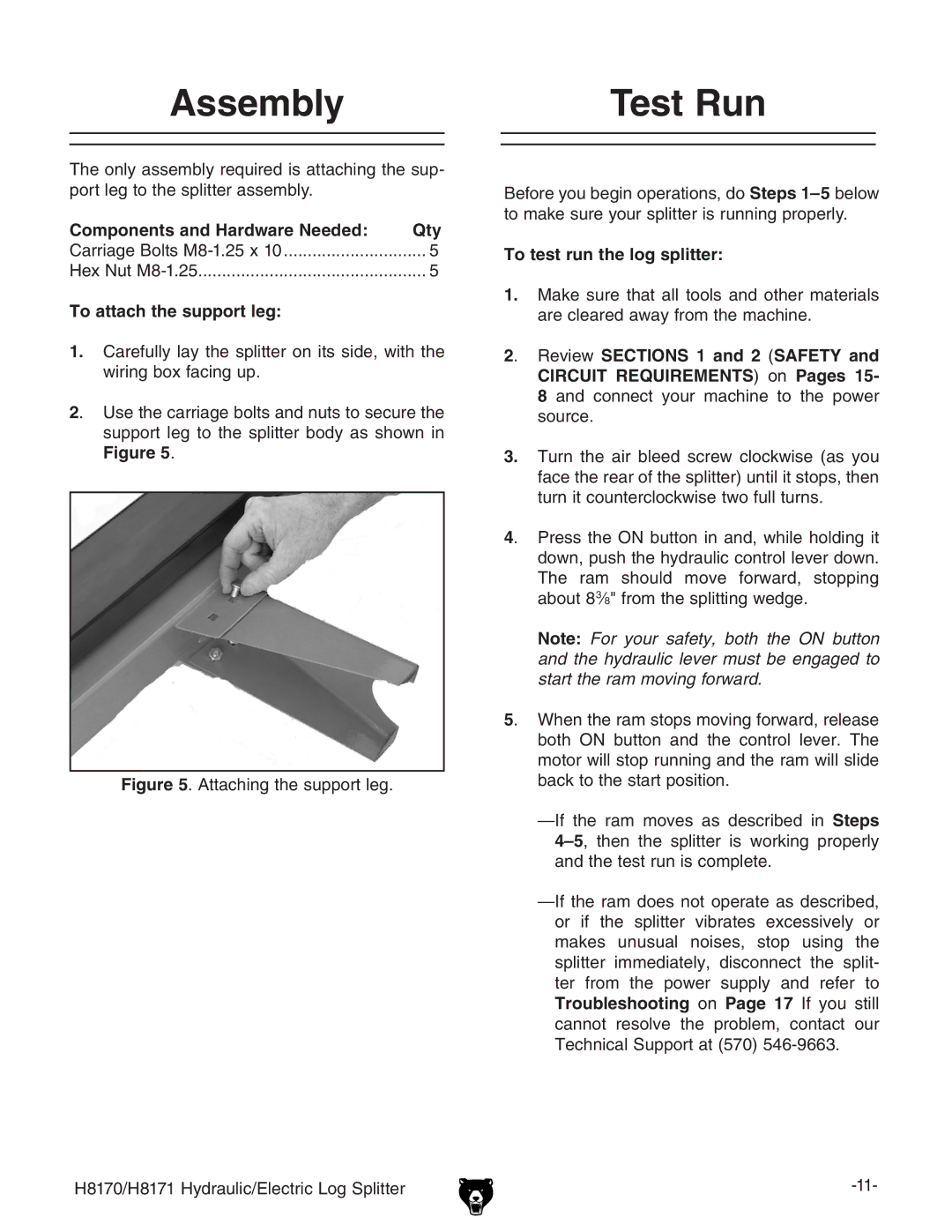 Grizzly H8170 owner manual Assembly Test Run, Components and Hardware Needed Qty, To attach the support leg 