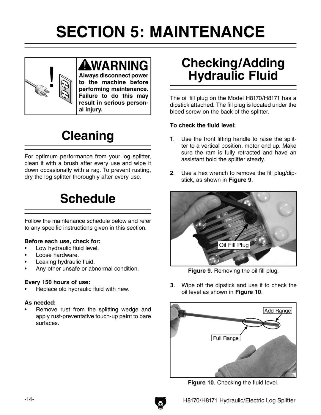 Grizzly H8170 owner manual Maintenance, Cleaning, Schedule, Checking/Adding Hydraulic Fluid 