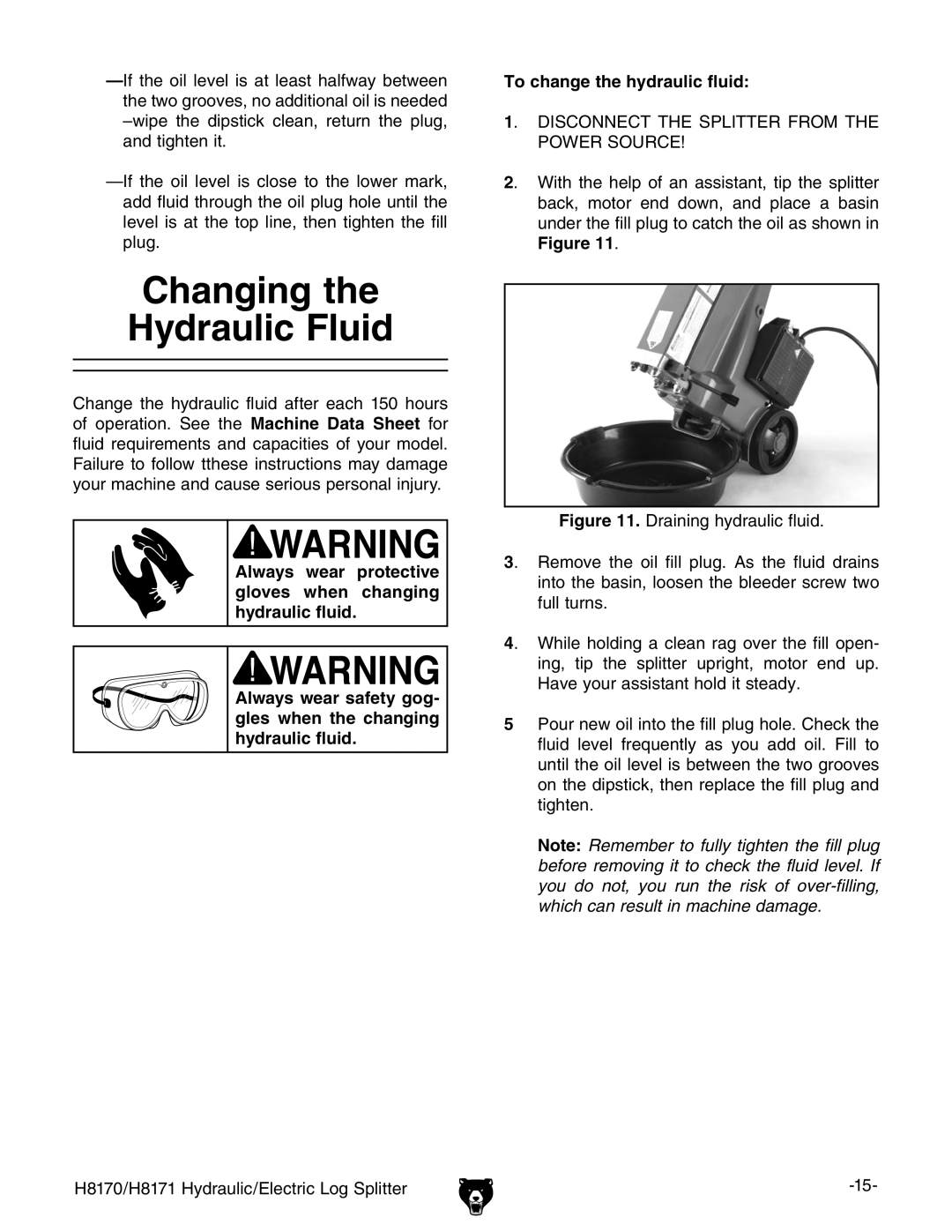 Grizzly H8170 owner manual Changing Hydraulic Fluid, To change the hydraulic fluid 