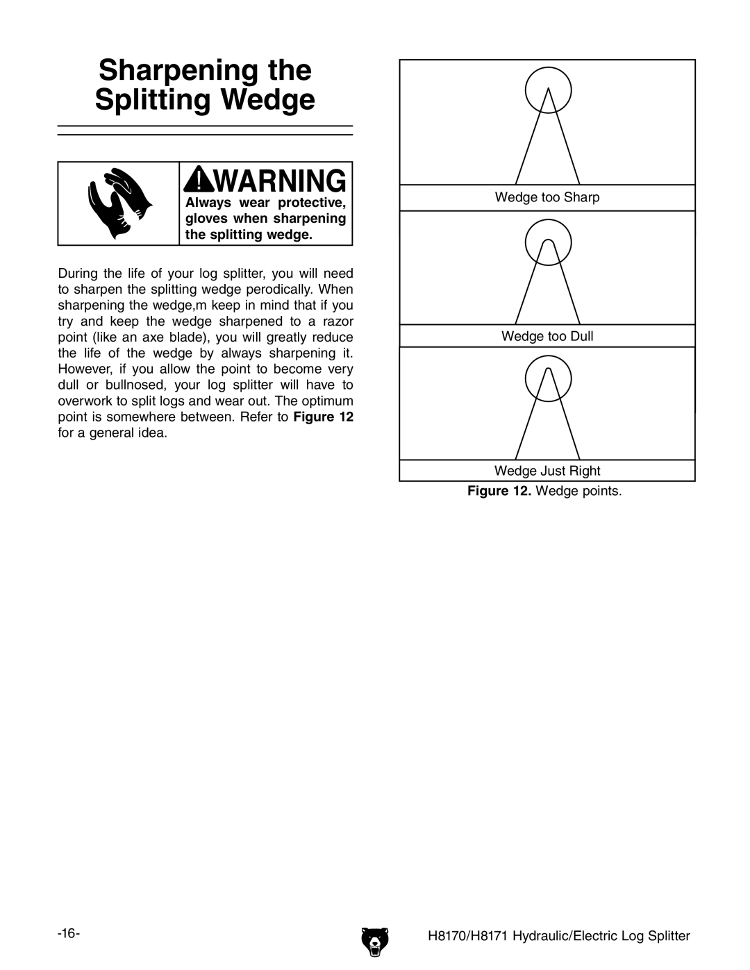 Grizzly owner manual Sharpening Splitting Wedge, Wedge points H8170/H8171 Hydraulic/Electric Log Splitter 