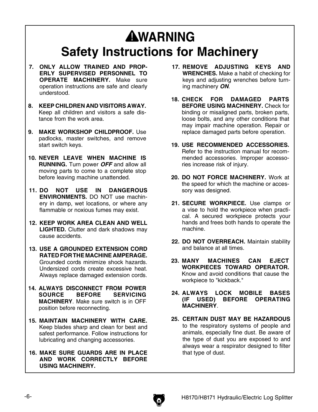 Grizzly owner manual H8170/H8171 Hydraulic/Electric Log Splitter 