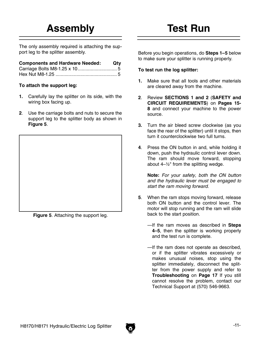 Grizzly H8170/H8171 owner manual Assembly Test Run, Components and Hardware Needed Qty, To attach the support leg 